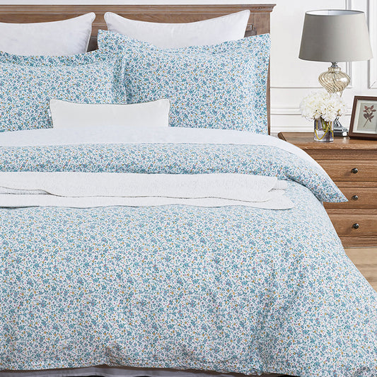 Ditsy Floral Pattern Blue Soft Cotton Duvet Cover Set