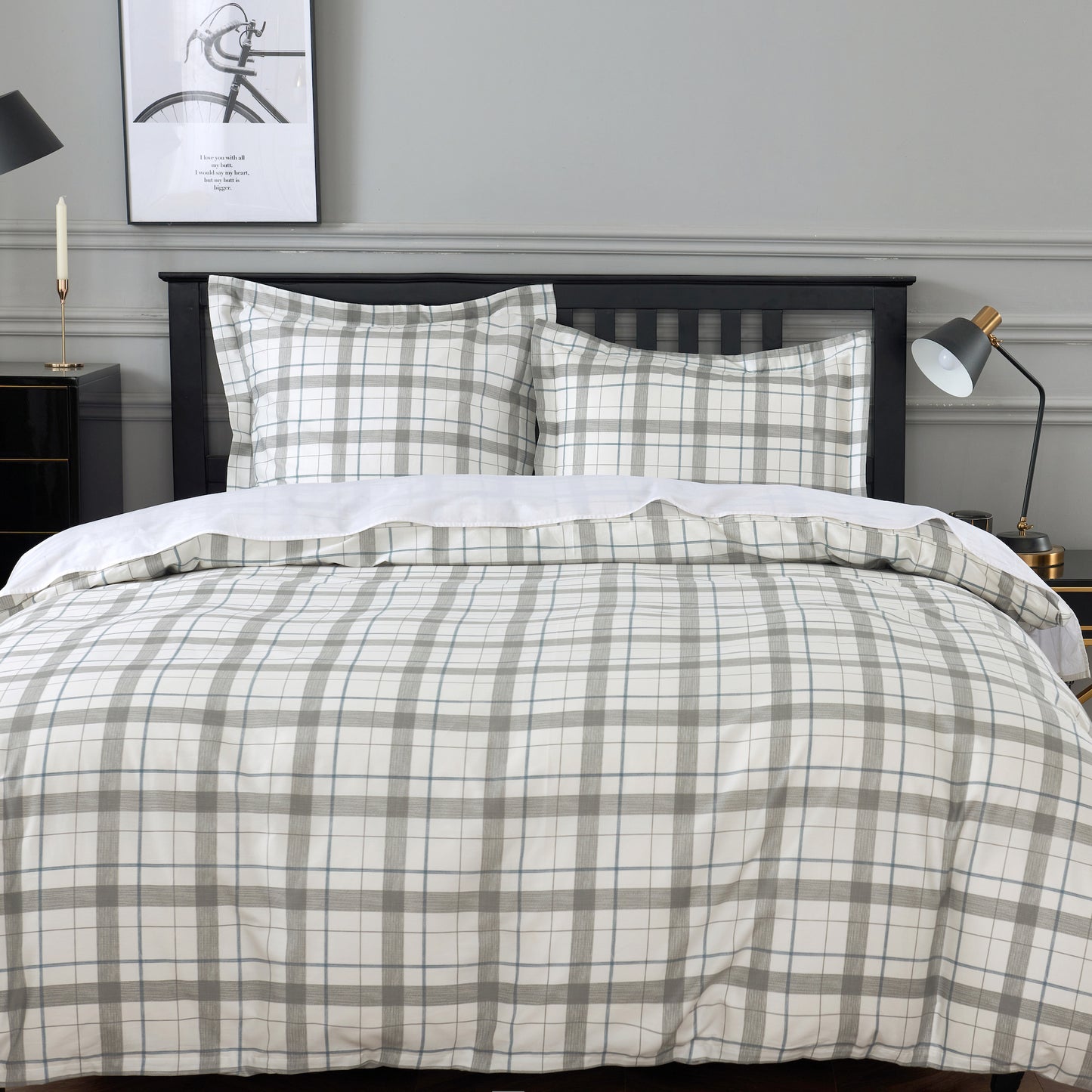 Gray Checkered Soft Cotton Duvet Cover & Sham