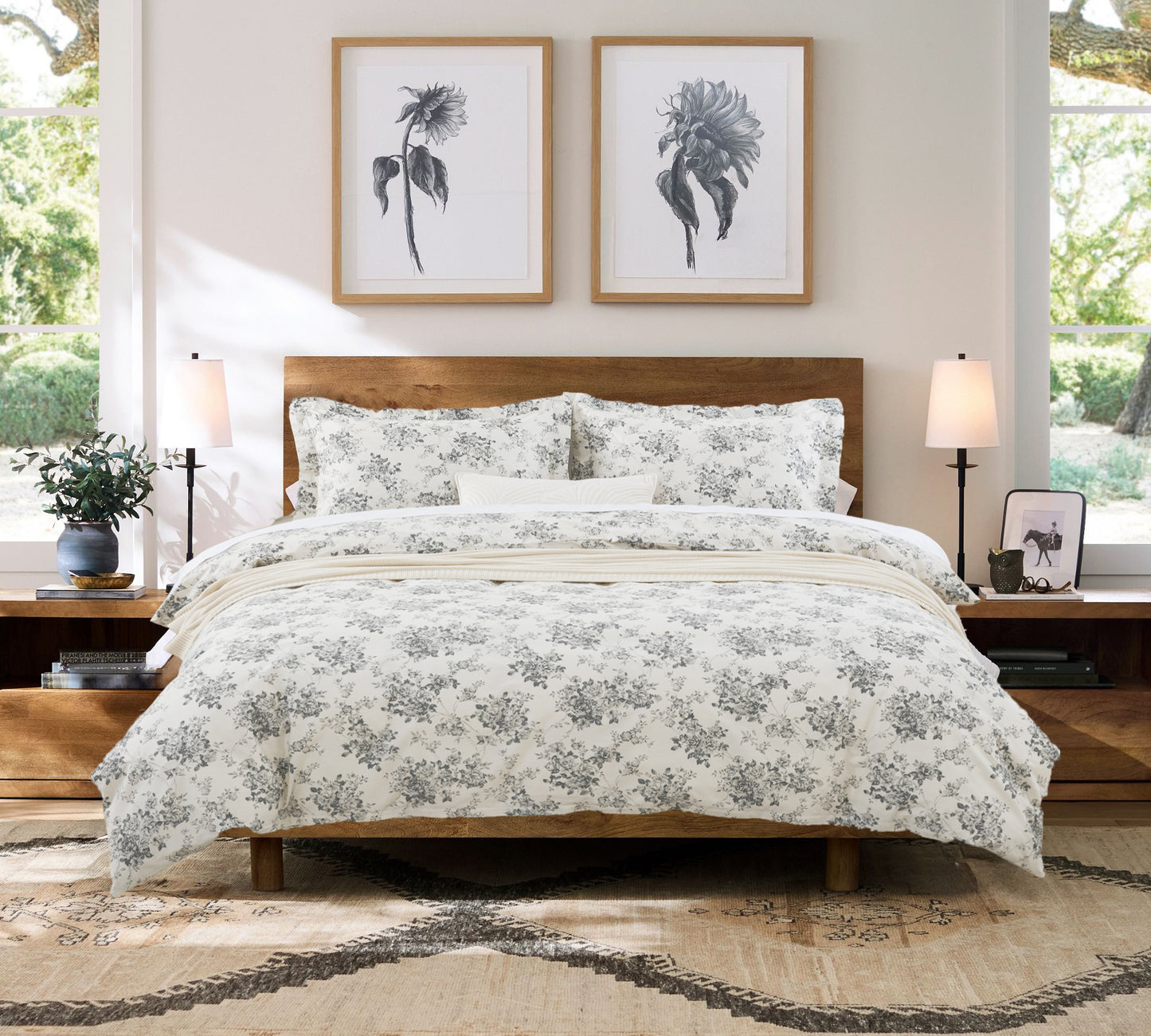 Gray Rose Floral Pattern Soft Cotton Duvet Cover Set