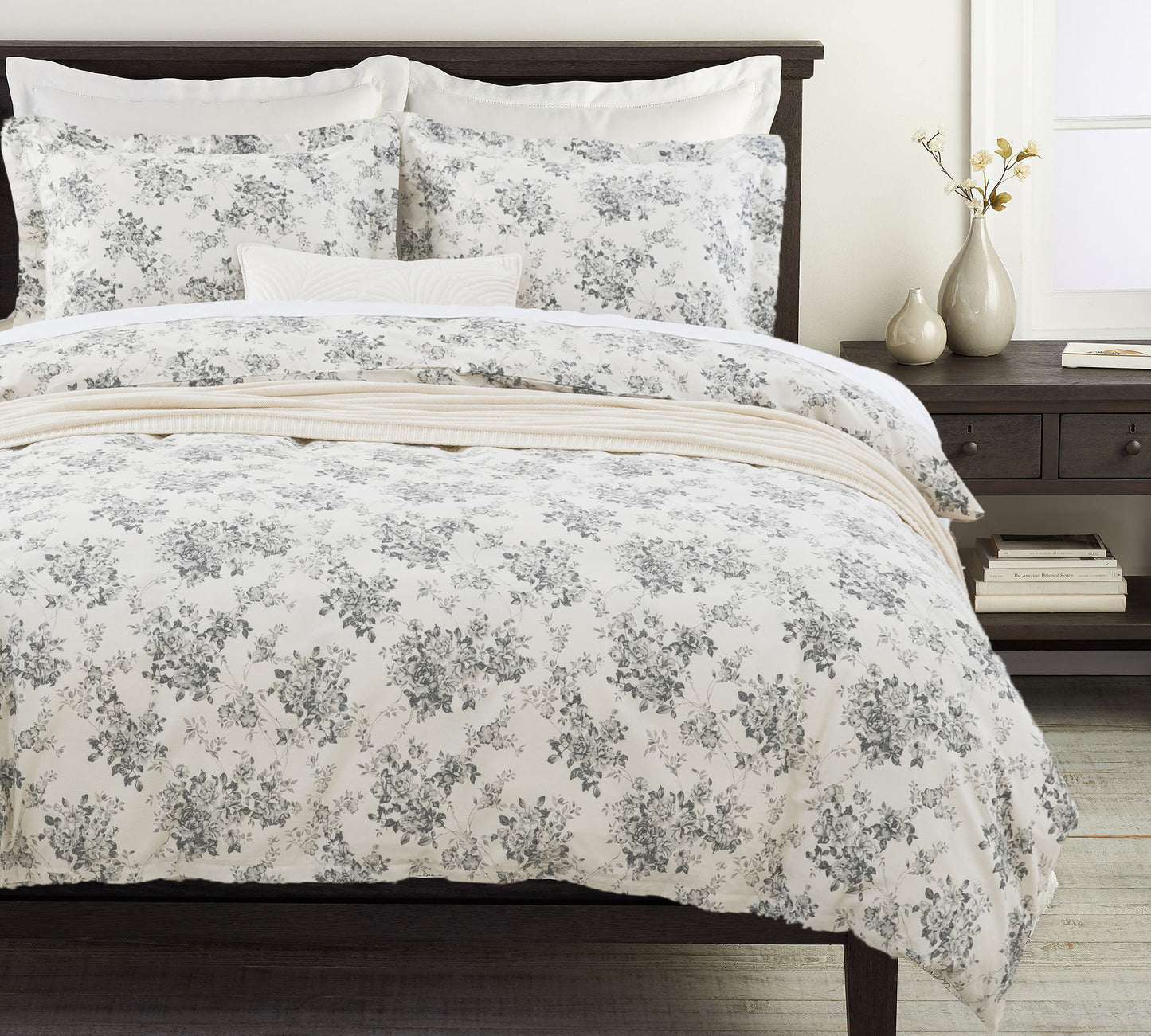 Gray Rose Floral Pattern Soft Cotton Duvet Cover Set