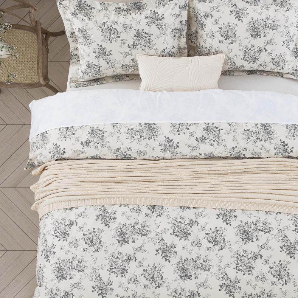 Gray Rose Floral Pattern Soft Cotton Duvet Cover Set