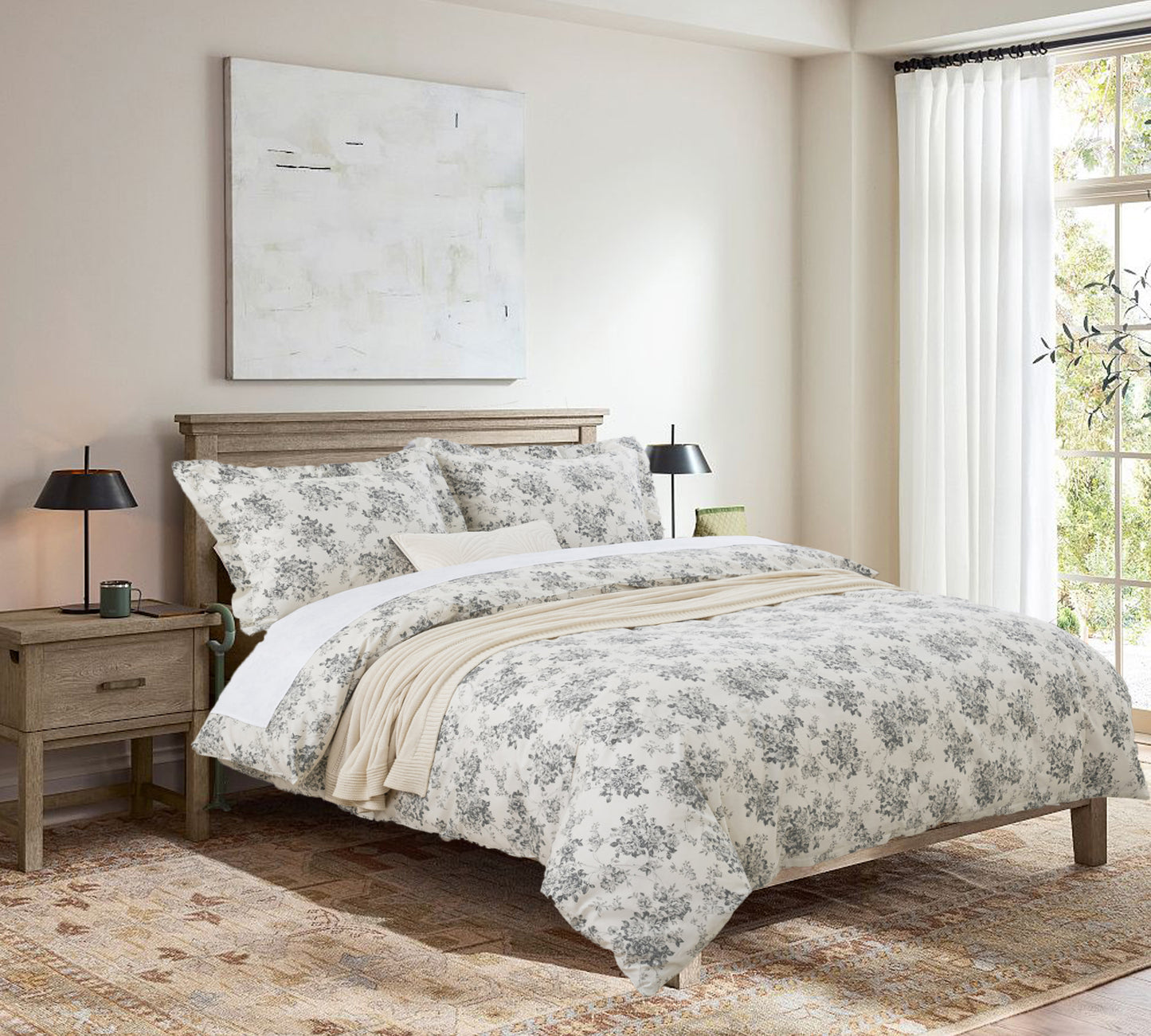 Gray Rose Floral Pattern Soft Cotton Duvet Cover Set
