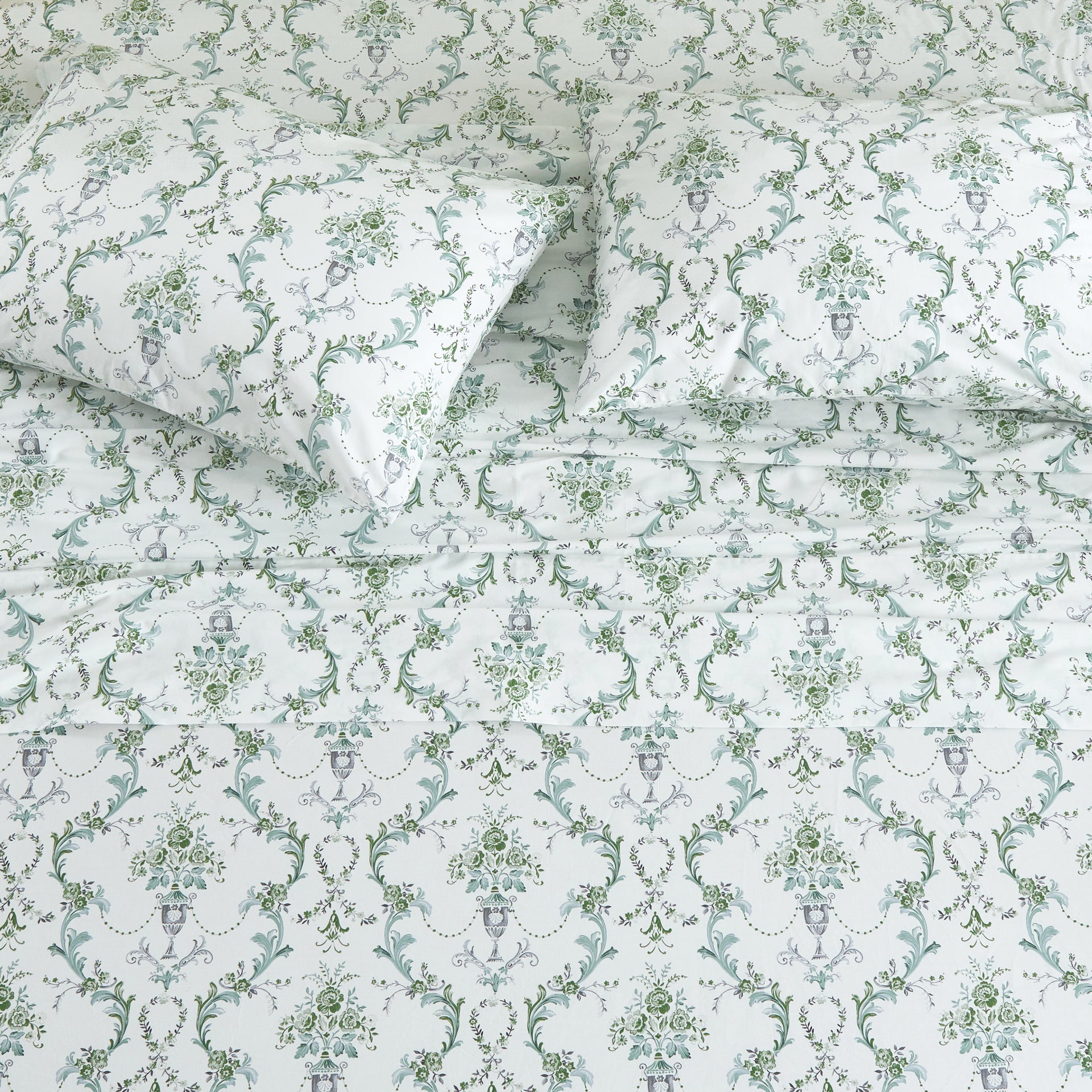 Vintage Green Damask 100% Cotton Sheet Set - Ivory