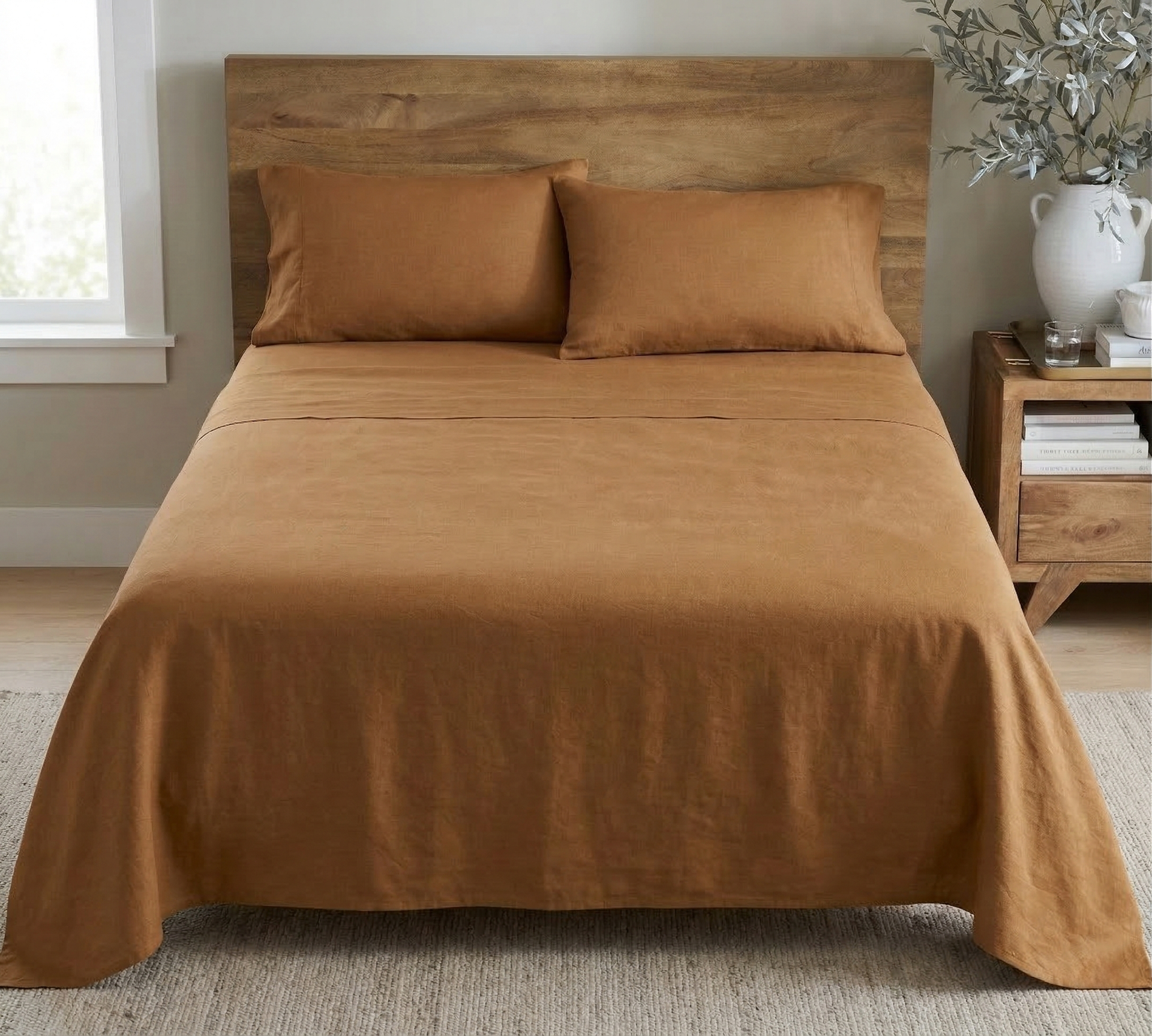 Cognac Brown Linen Cotton Blend Sheet Set