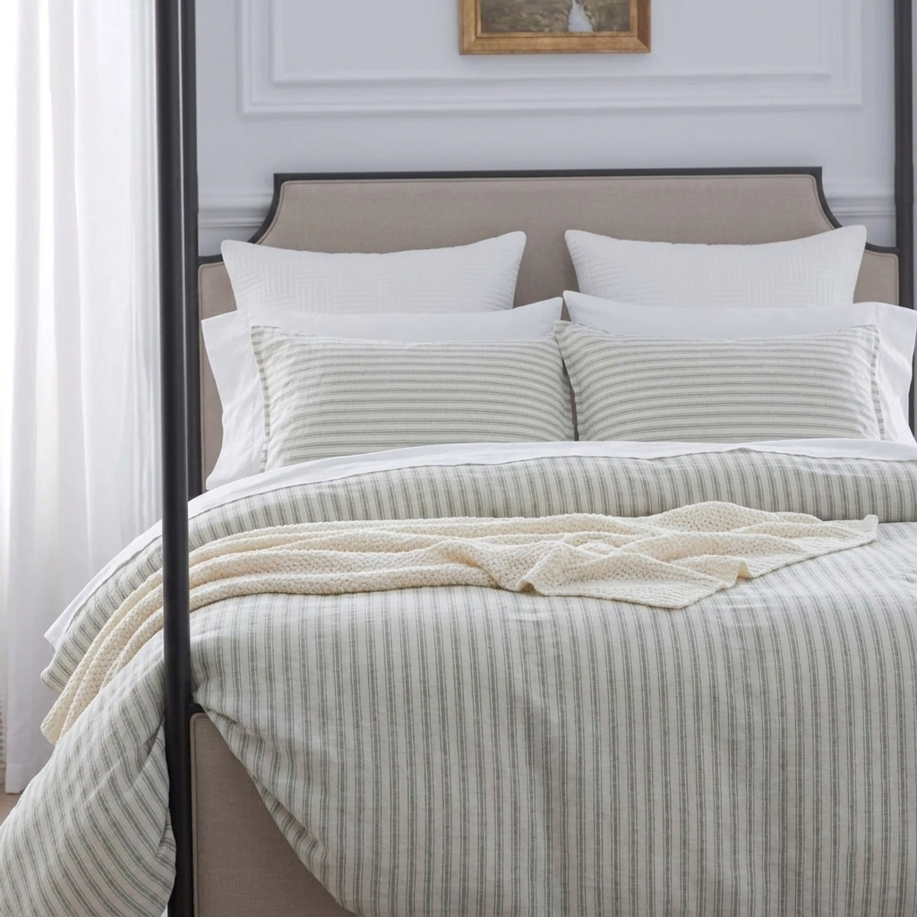 Yarn-Dyed Stripe Linen Cotton Blend Duvet Cover Set - Sage Green