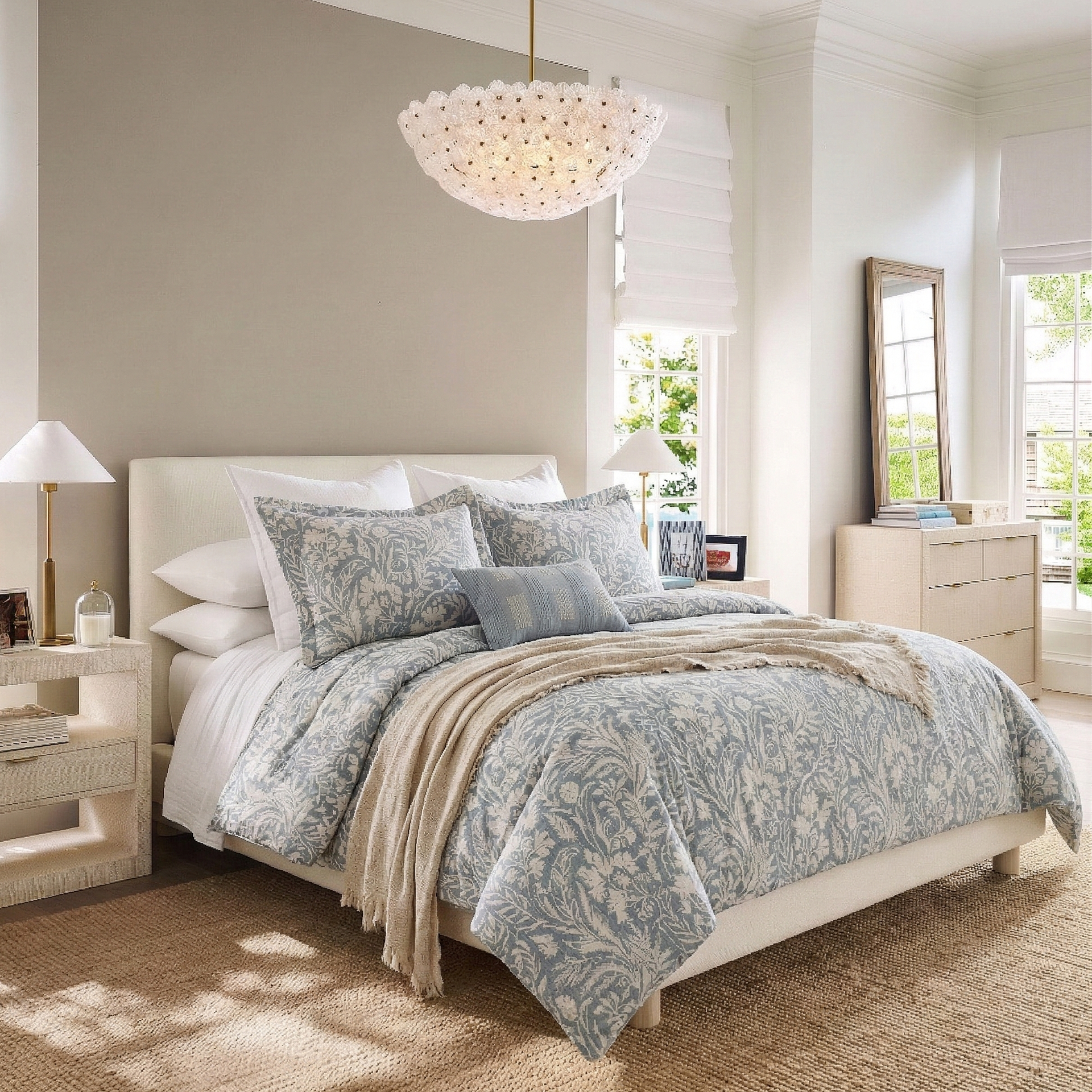 Dusty Blue Botanical 100% Cotton Duvet Cover Set