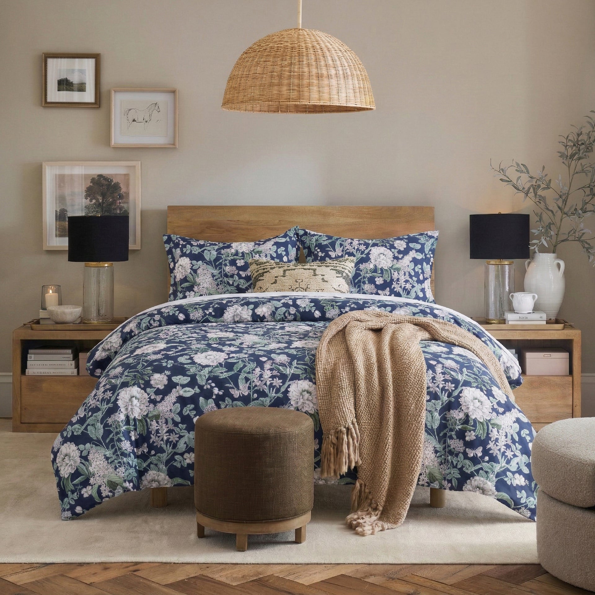 Midnight Botanical 100% Cotton Duvet Cover Set - Navy Blue