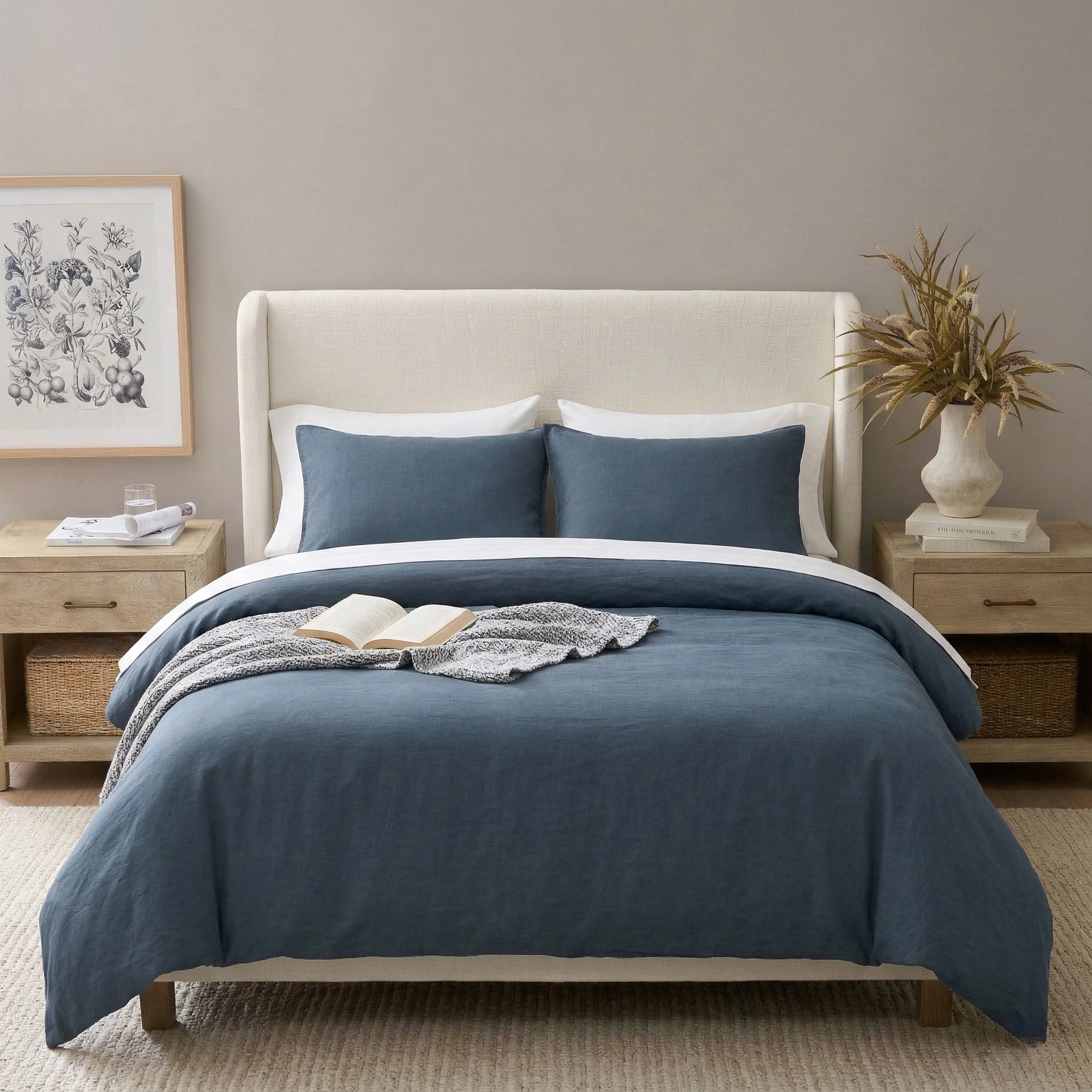 Midnight Slate Blue Linen Cotton Blend Duvet Cover Set