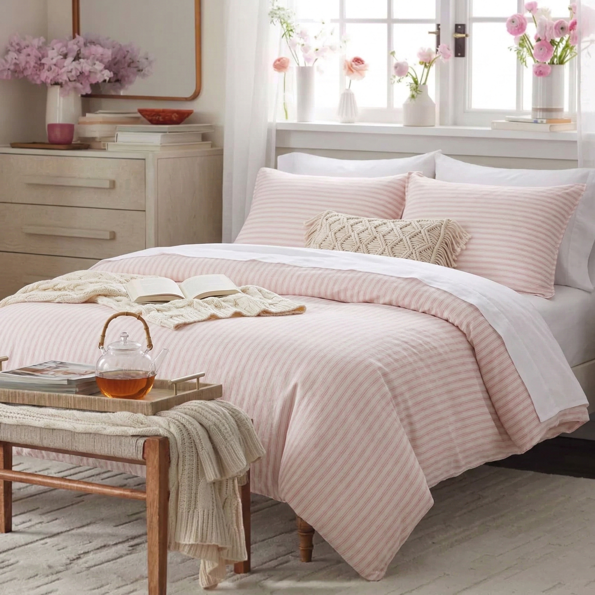 Yarn-Dyed Stripe Linen Cotton Blend Duvet Cover Set - Blush Pink