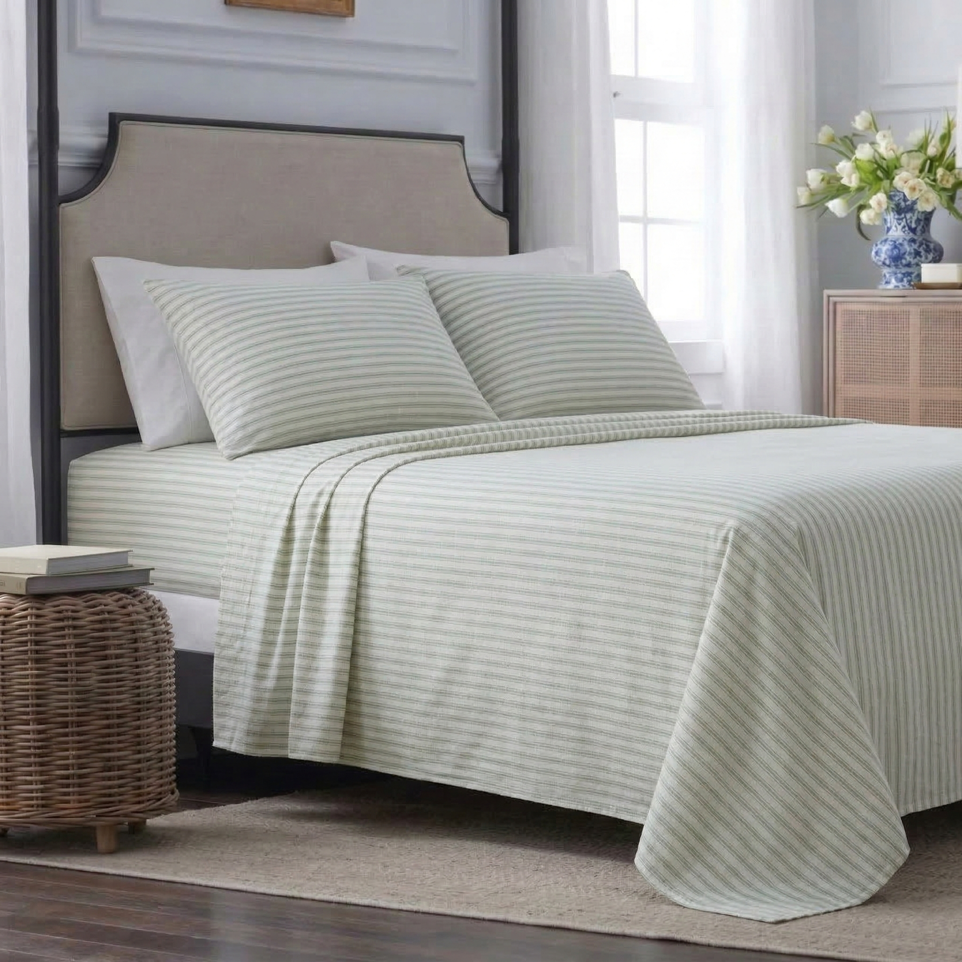 Yarn-Dyed Stripe Linen Cotton Blend Sheet Set - Sage Green