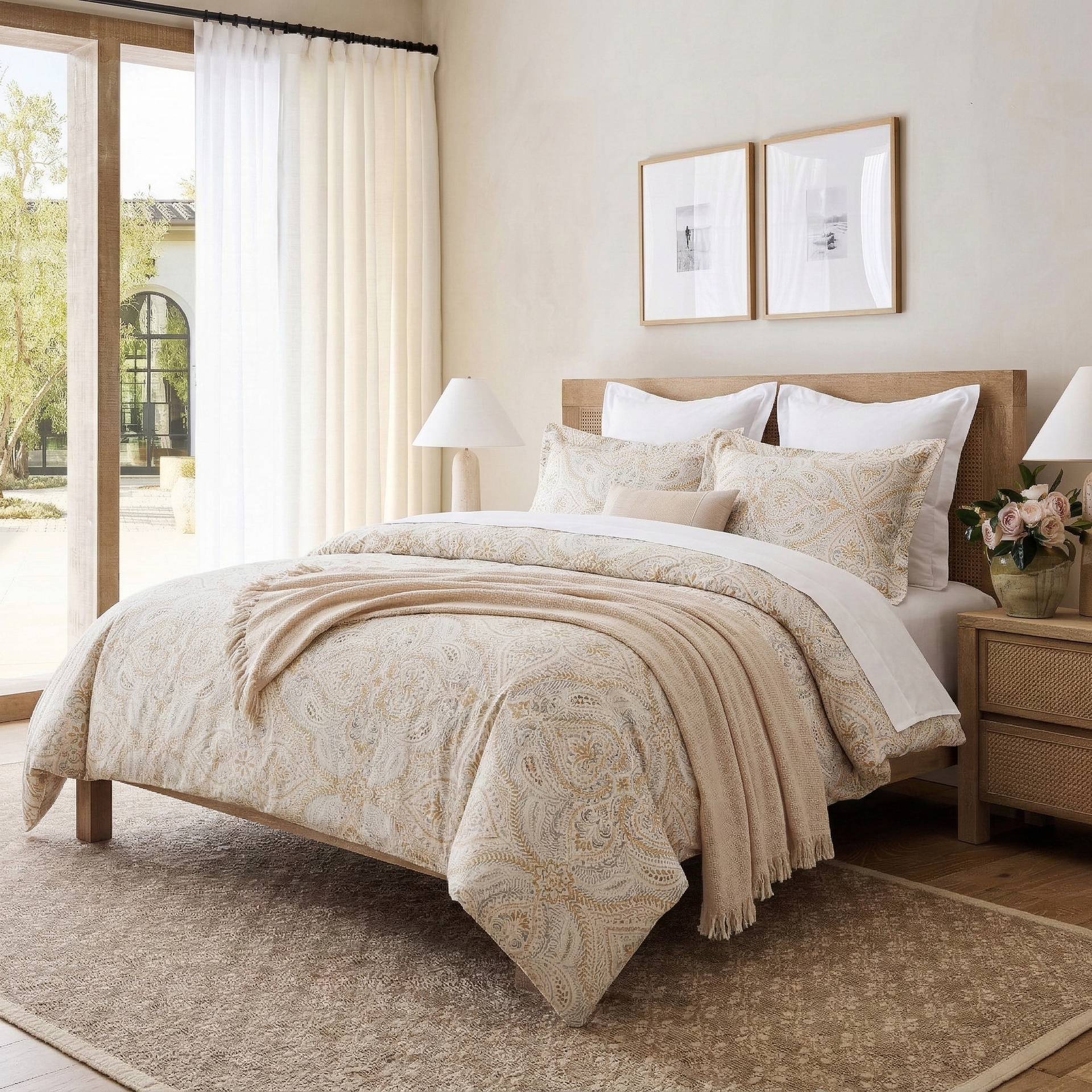 Neutral Damask 100% Cotton Duvet Cover Set - Ivory & Beige