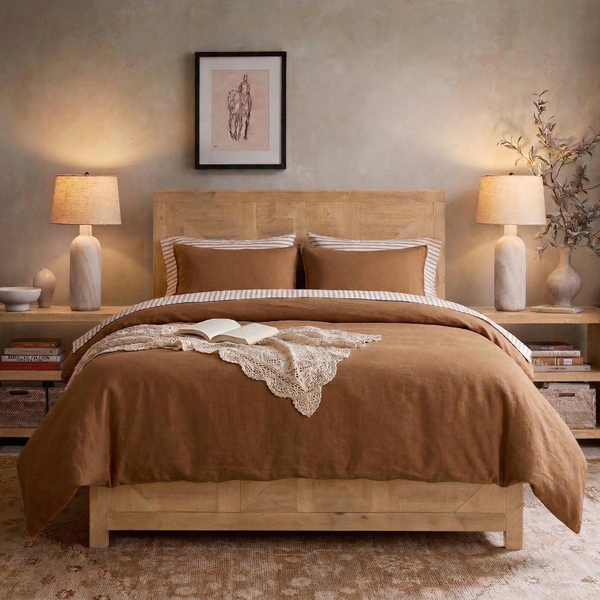 Cognac Brown Linen Cotton Blend Duvet Cover Set