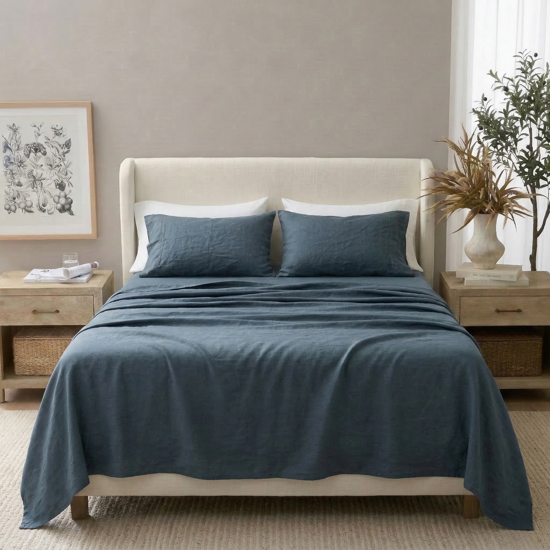 Midnight Slate Blue Linen Cotton Blend Sheet Set