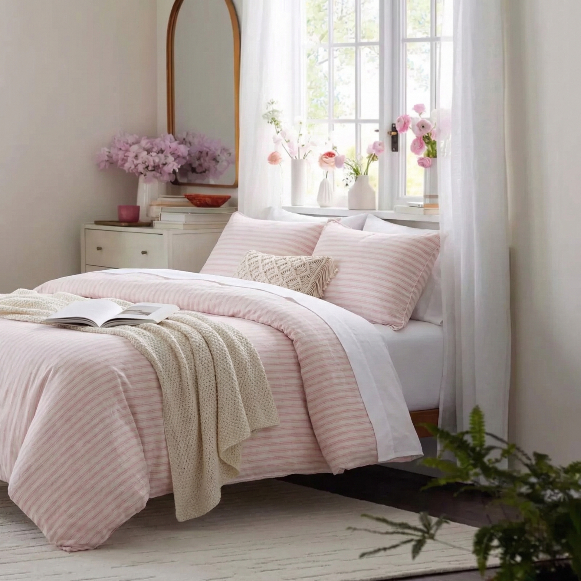 Yarn-Dyed Stripe Linen Cotton Blend Duvet Cover Set - Blush Pink