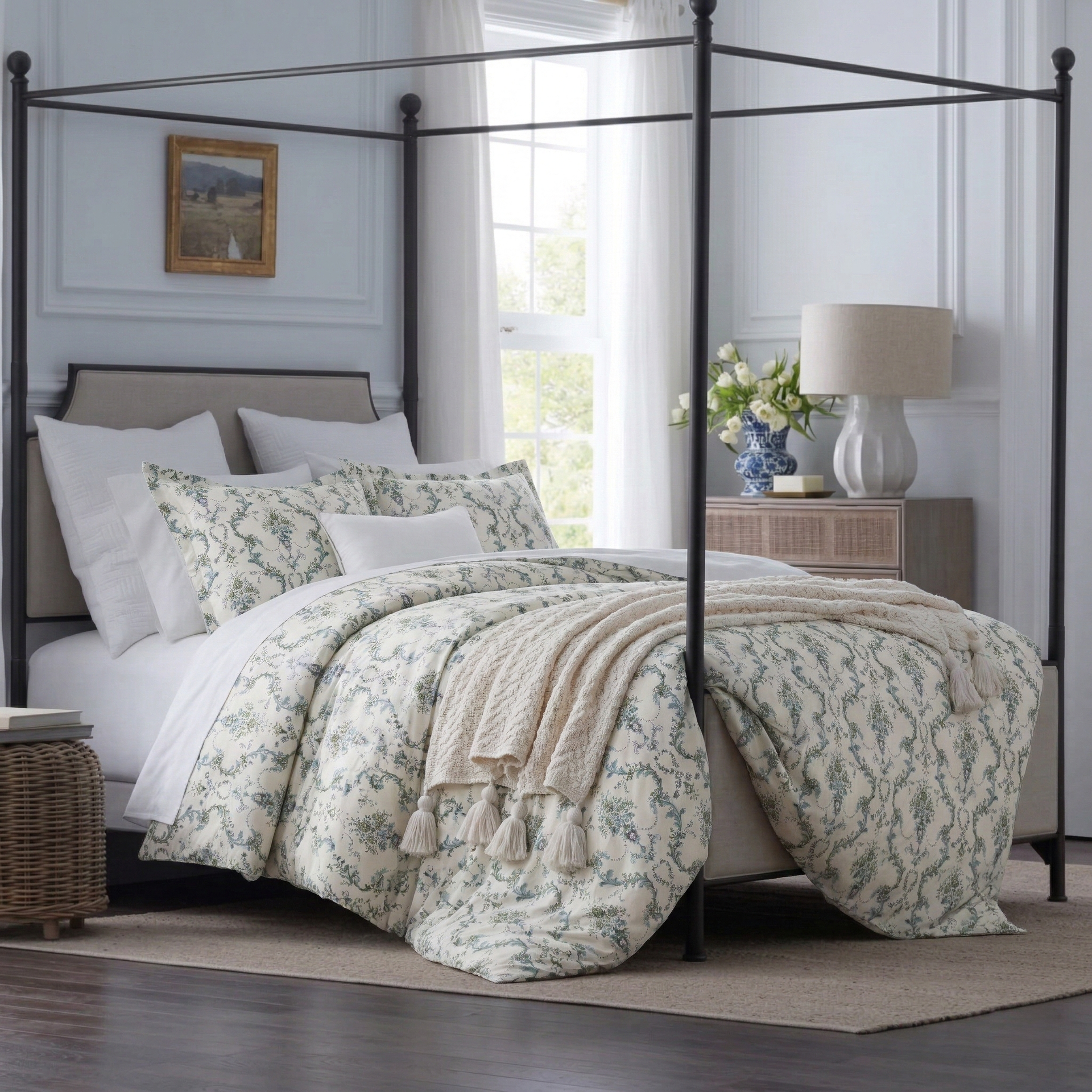 Vintage Botanical Vine 100% Cotton Duvet Cover Set - Green & Ivory