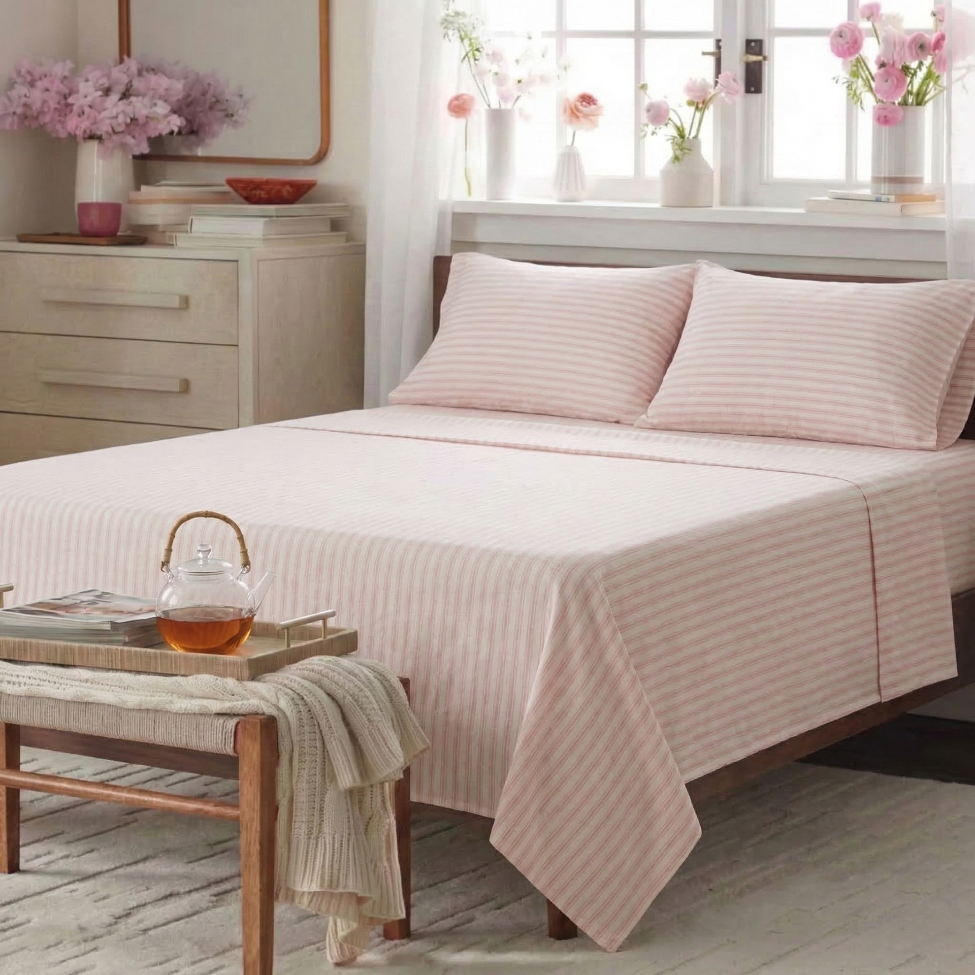 Yarn-Dyed Stripe Linen Cotton Blend Sheet Set - Blush Pink