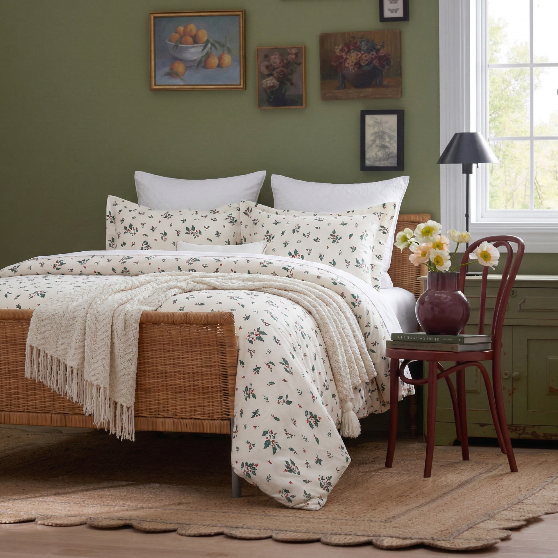 Festive Holly Berry 100% Cotton Duvet Cover Set - Ivory/Multi