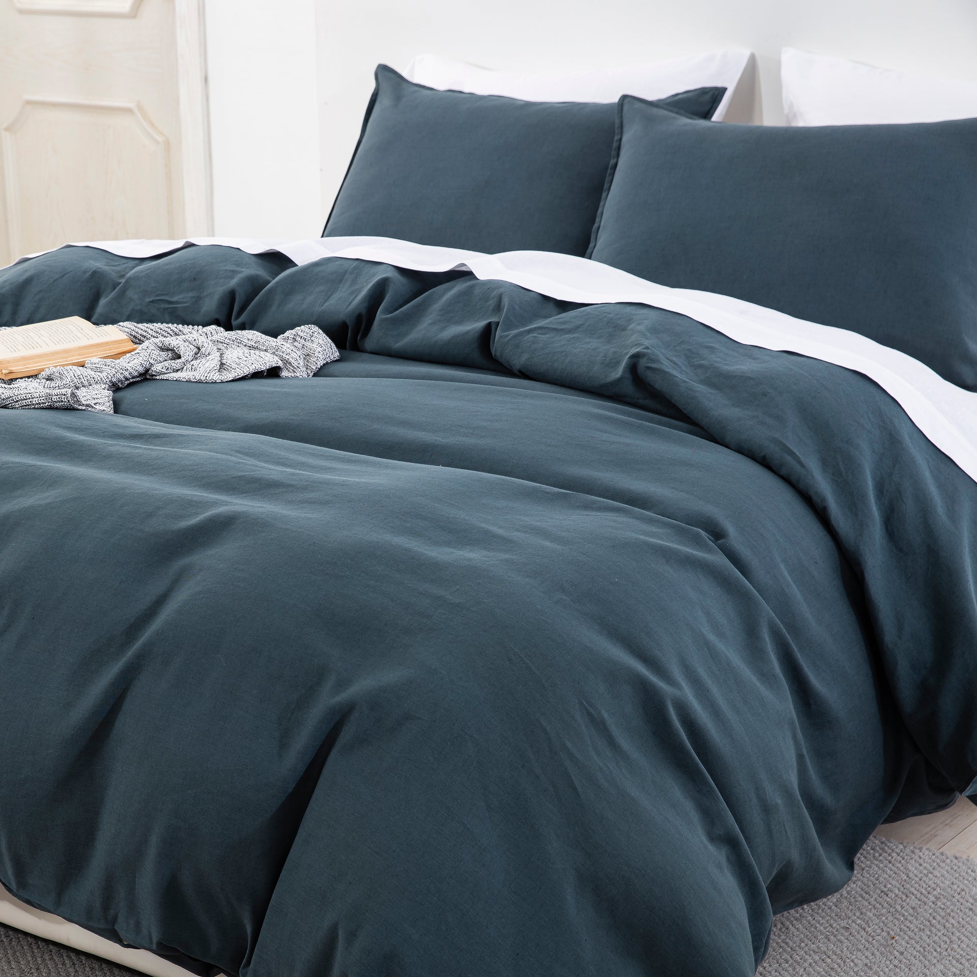 Midnight Slate Blue Linen Cotton Blend Duvet Cover Set