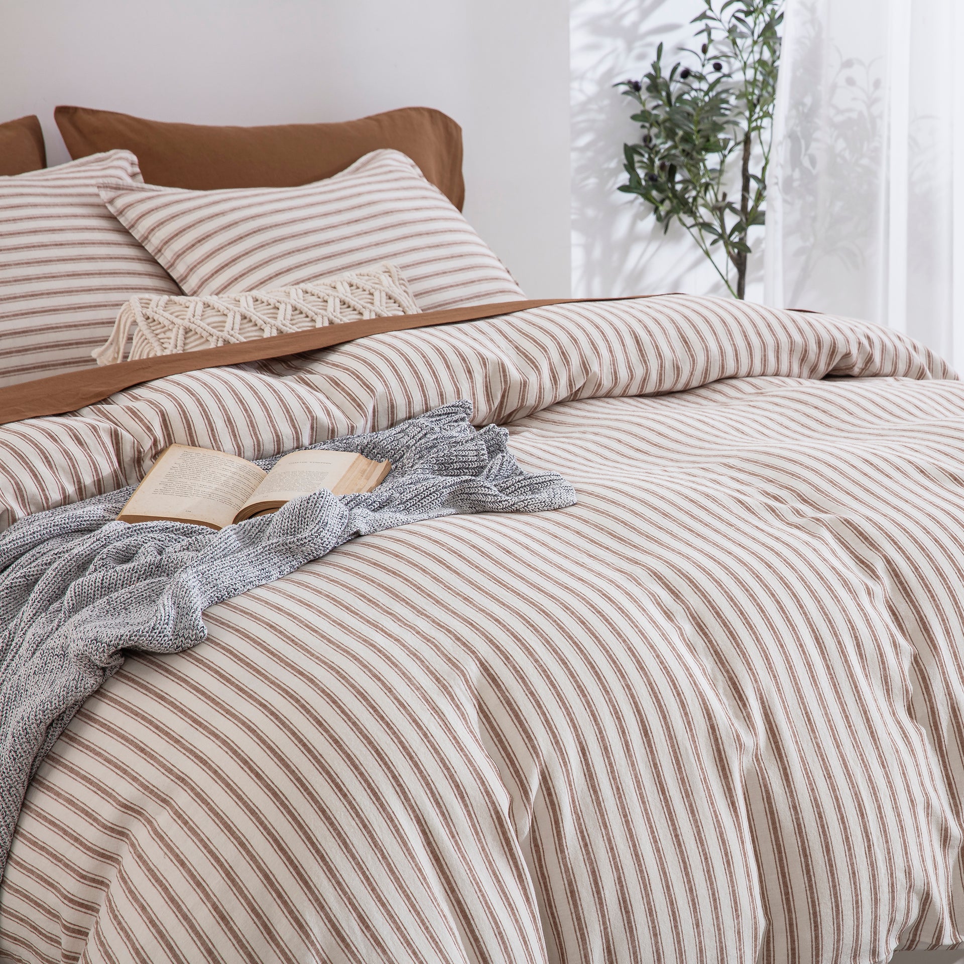 Yarn-Dyed Stripe Linen Cotton Blend Duvet Cover Set - Caramel