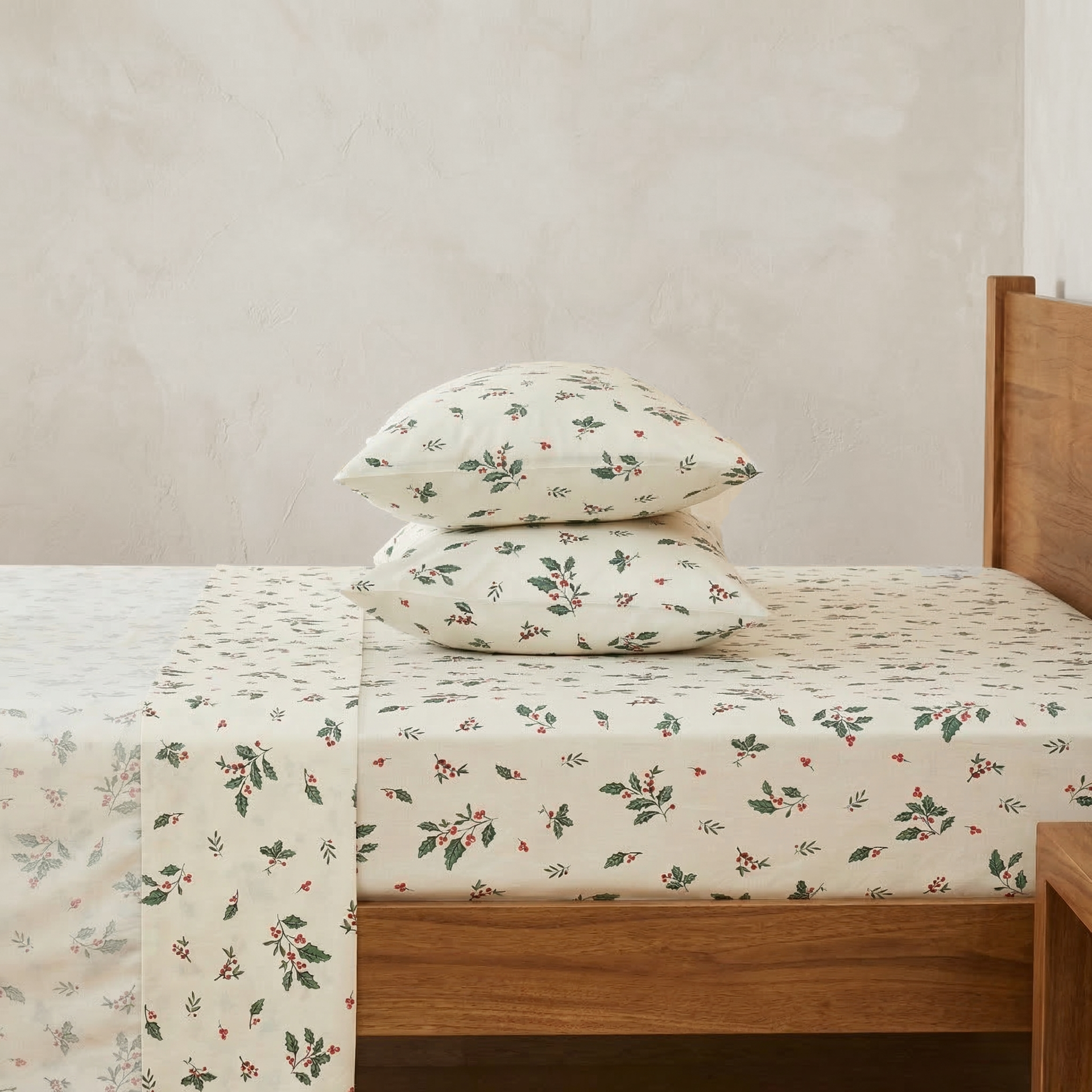 Festive Holly Berry 100% Cotton Sheet Set - Ivory