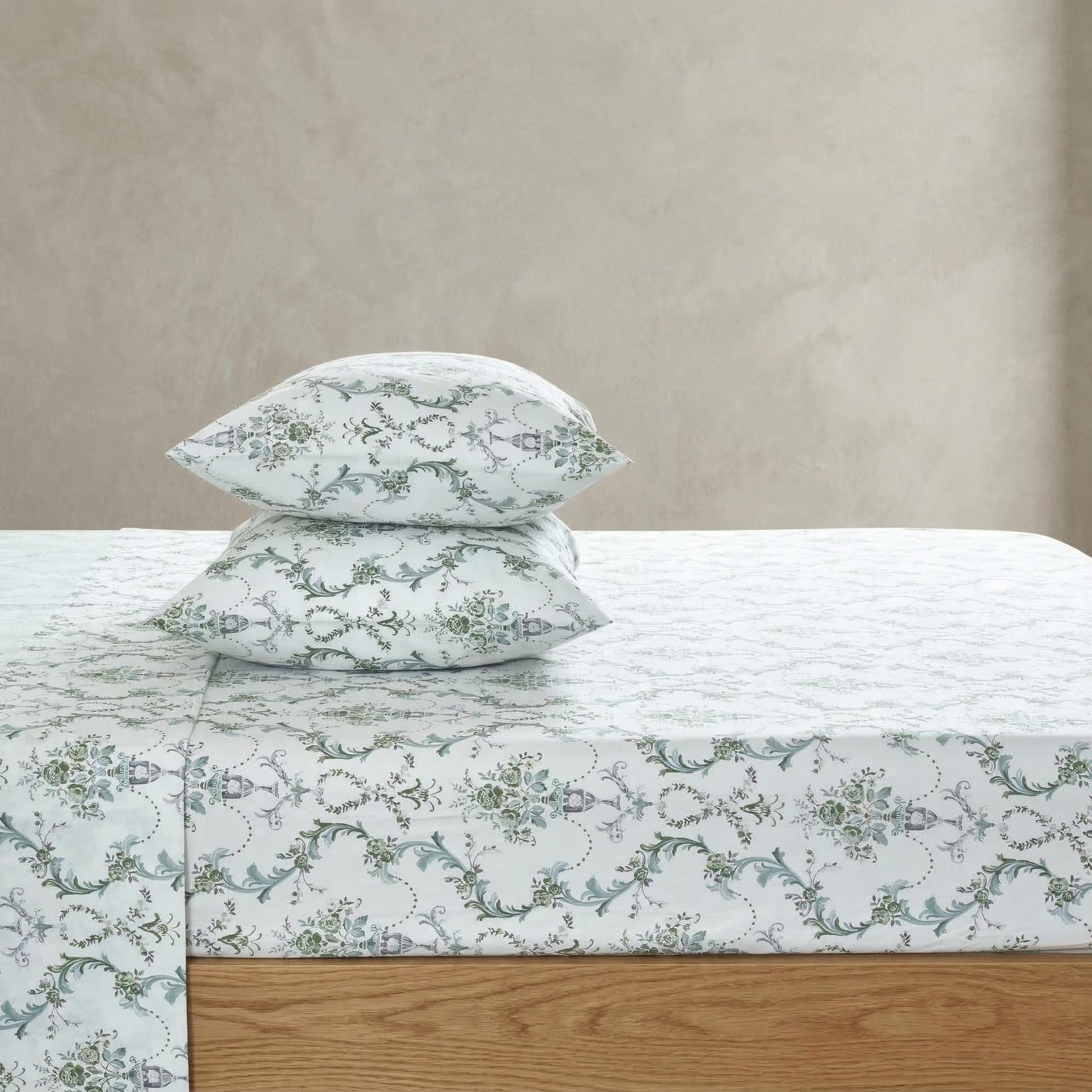 Vintage Green Damask 100% Cotton Sheet Set - Ivory