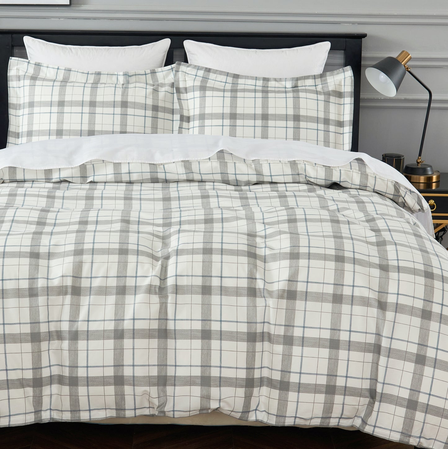 Gray Checkered Soft Cotton Duvet Cover & Sham