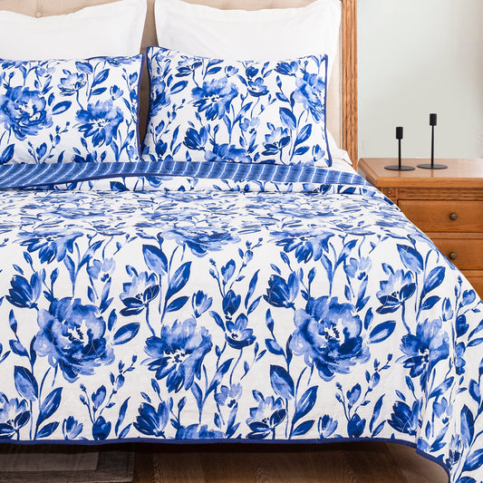 Quilt Set Queen Size, Cotton Coverlet Watercolor, Floral Reversible Bedspread (Royal Blue Flower)