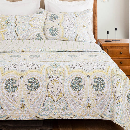 Quilt Queen Size 3 Pieces Set, Cotton Coverlet, Floral Farmhouse Bedspread (Yellow Green)