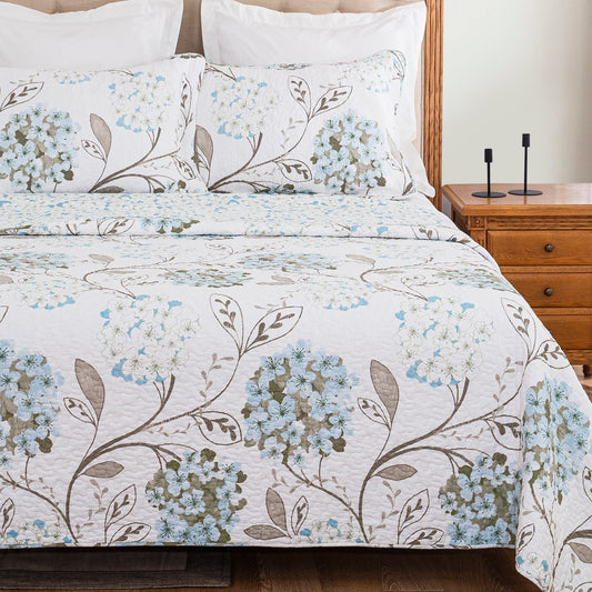 Quilt Queen Size 3 Pieces Set, Cotton Coverlet, Floral Reversible Bedspread (Light Blue Hydrangea)