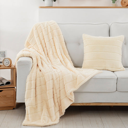 Ultra Soft Reversible Faux Fur Throw, Thick Fluffy Blanket for Winter Sofa Couch, Cuddly & Warm