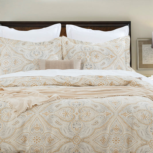 Gold Gray Paisley Soft Cotton Duvet Cover Set