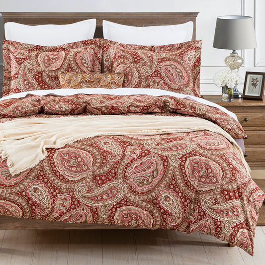 Red Gold Paisley Soft Cotton Duvet Cover Set