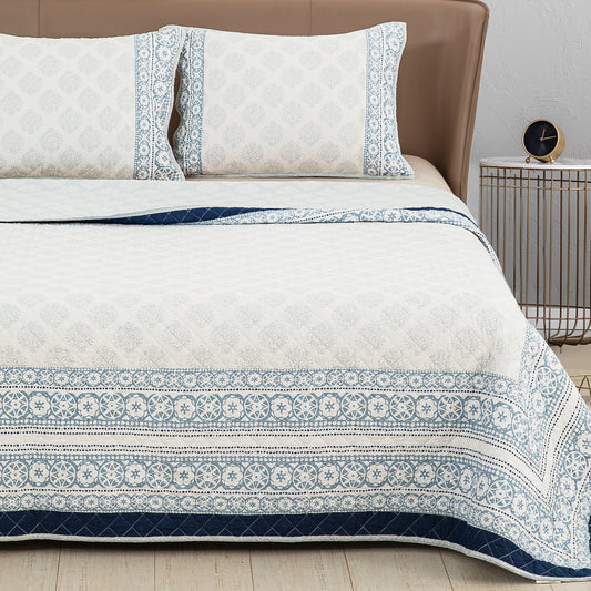 Cotton Quilt Set Queen Size,Bed Coverlet Reversible Bedspread (Light Blue)