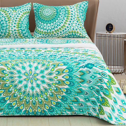 Cotton Quilt Set Queen Size,Bed Coverlet Reversible Bedspread (Green)