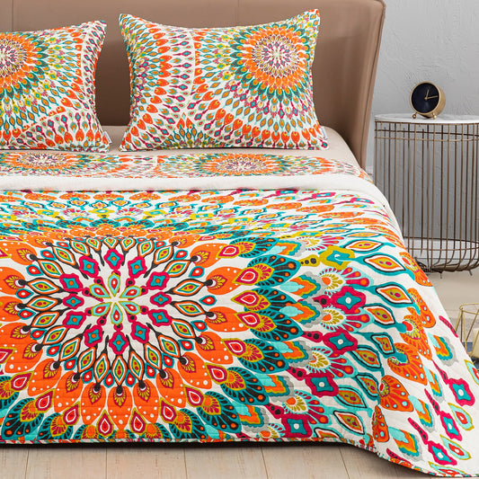 Cotton Quilt Set Queen Size,Bed Coverlet Reversible Bedspread (Orange)