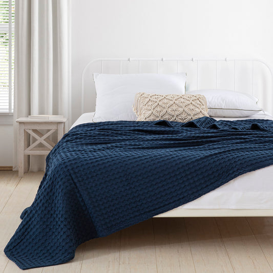 King Size Waffle Cotton Blanket 104x90 inches, Bed Blankets for All Season (Navy)