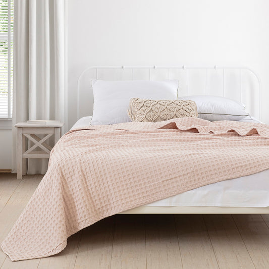 King Size Waffle Cotton Blanket 104x90 inches, Bed Blankets for All Season (Soft Pink)
