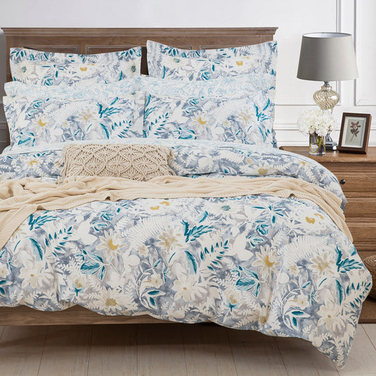 Blooming Flower Soft Cotton Duvet Cover Set Blue